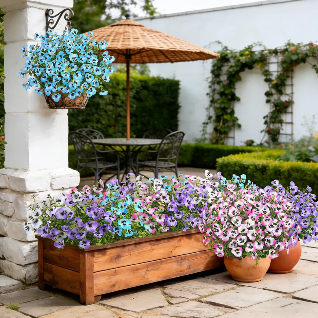 Bassion Artificial pansies, 16 bundles in Purple, White, Blue and Pink, view 3
