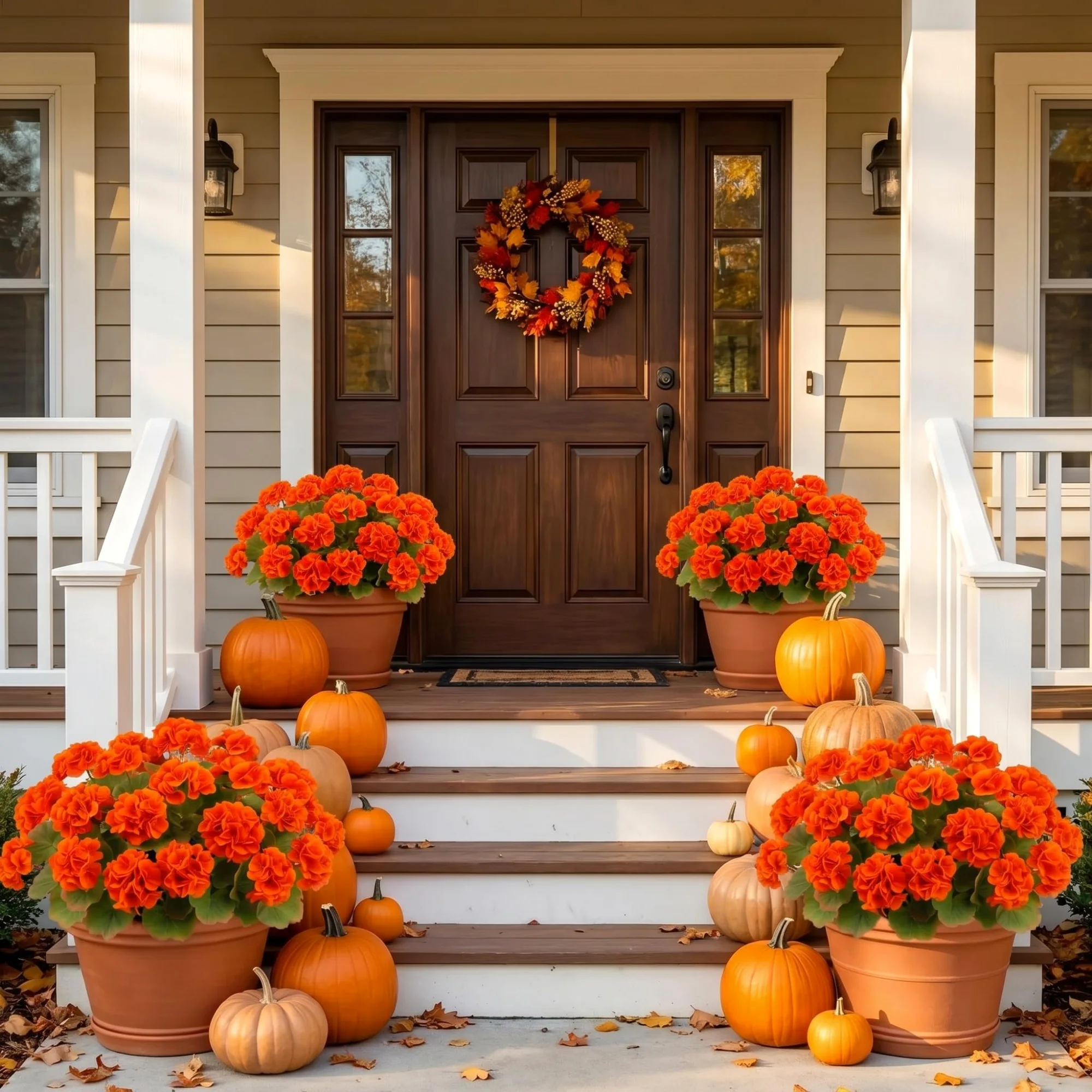 Orange geraniums in terra-cotta pots on the front steps, with pumpkins at the side.