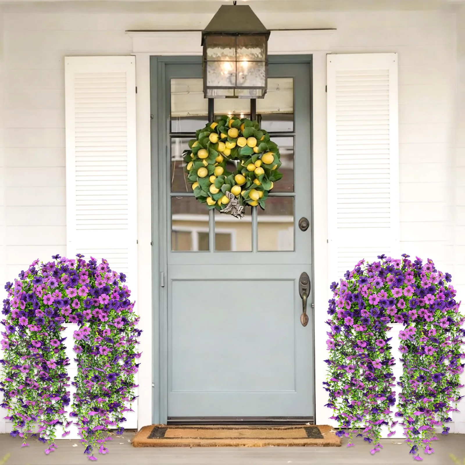 Purple hanging vines on either side of a front door, 26 inches long.