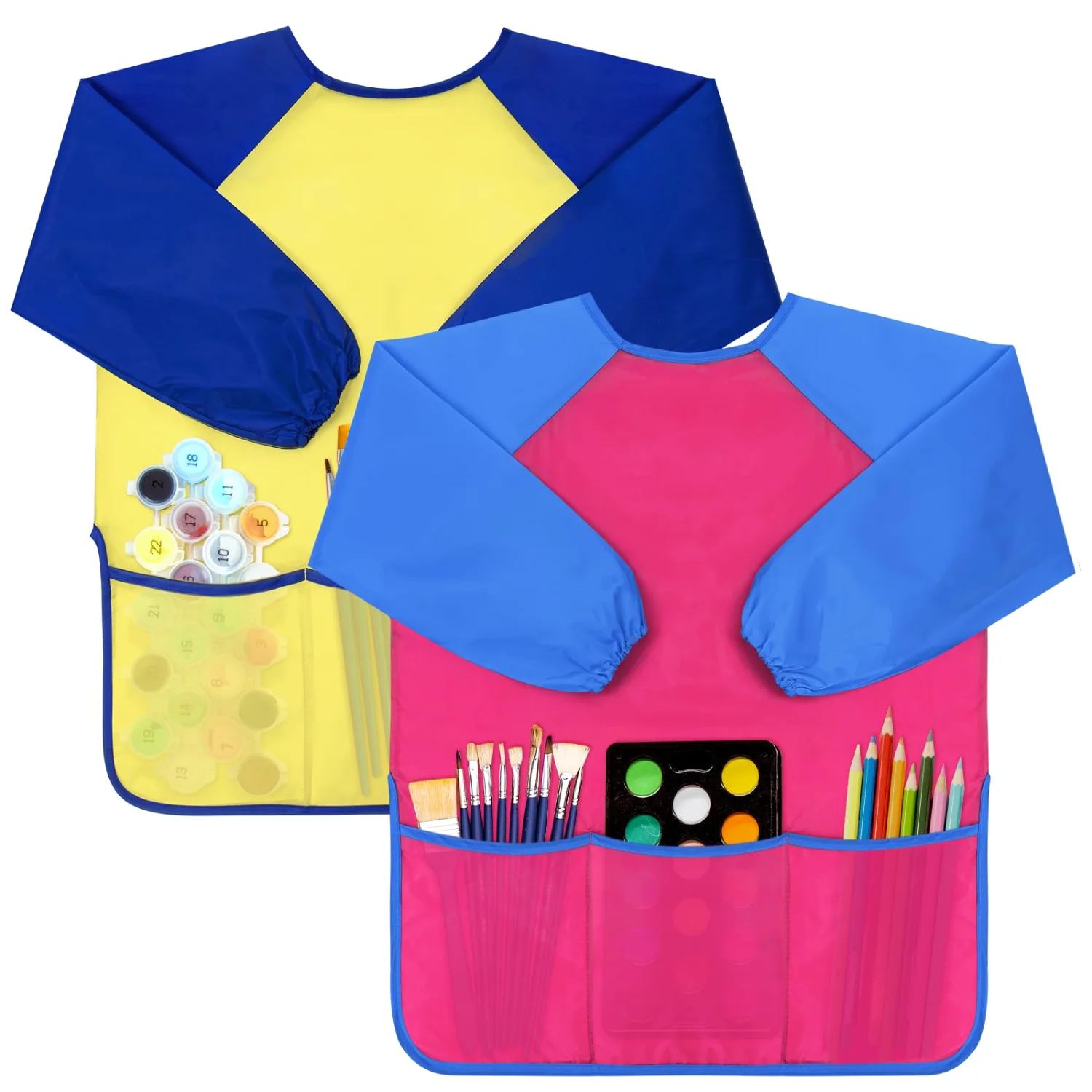 Bassion Kids art smocks in Blue Pink Yellow, 2-pack