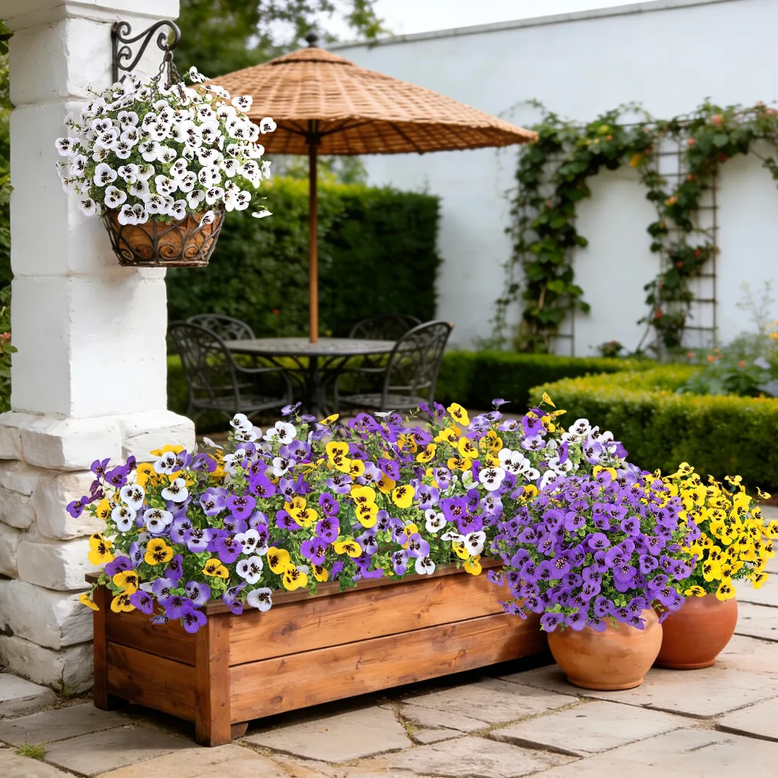Bassion Artificial pansies, 16 bundles in Purple, White, Yellow and Fuchsia, view 3