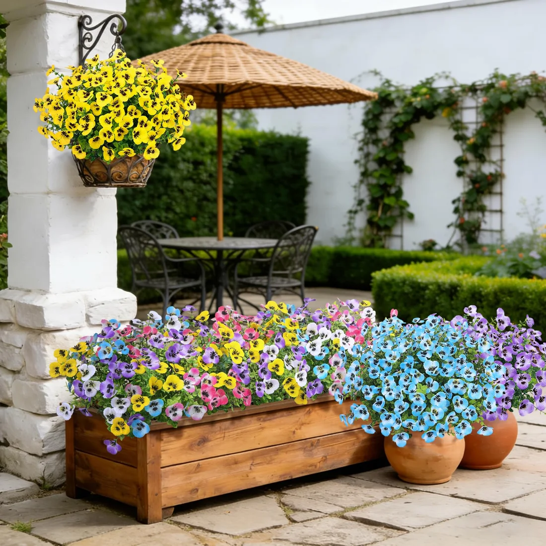 Bassion Artificial pansies, 16 bundles in Yellow, Rose Red, White, Blue, Pink and Fuchsia, view 3