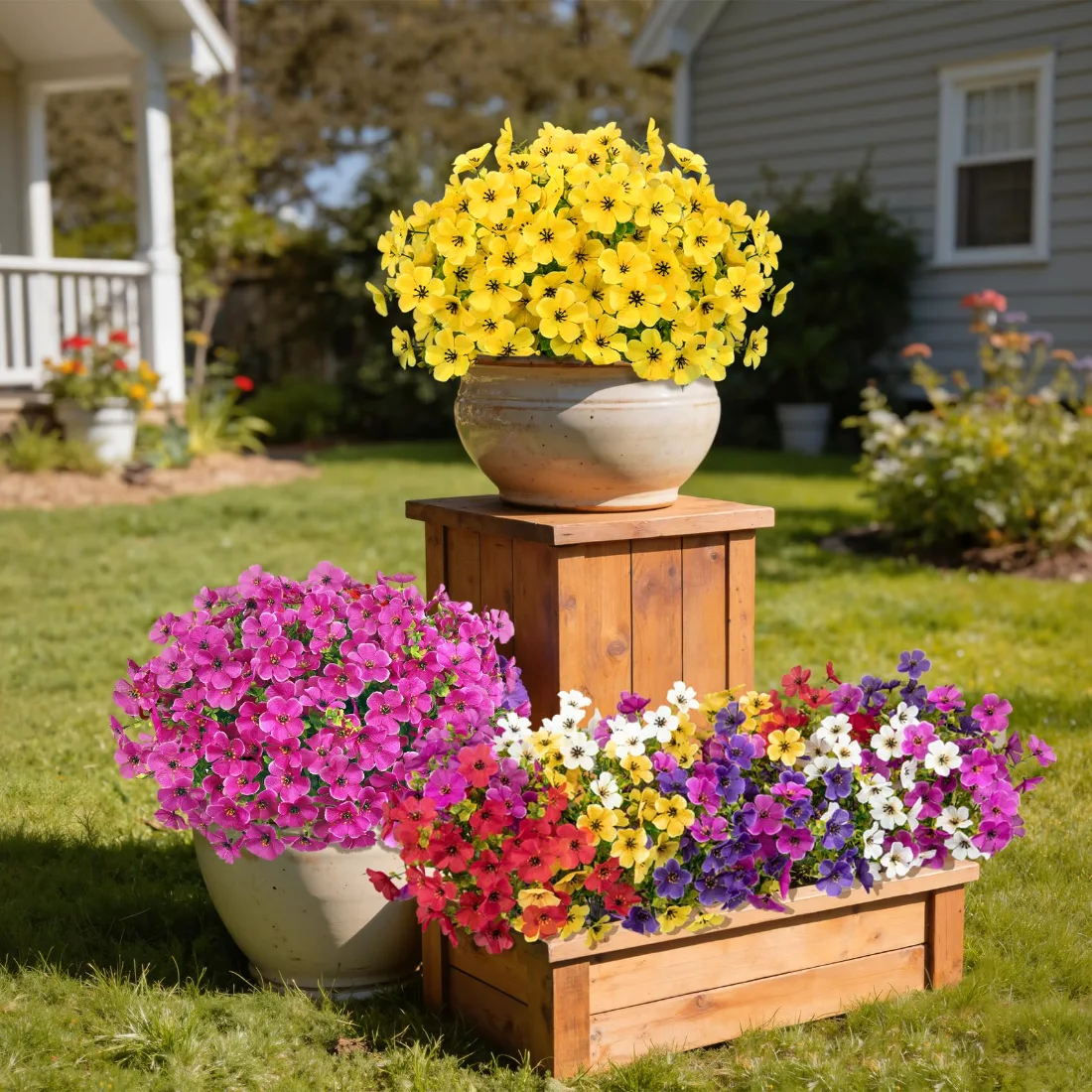 Bassion Artificial violets, 20 bundles in Purple Fuchsia White Yellow Red, view 3