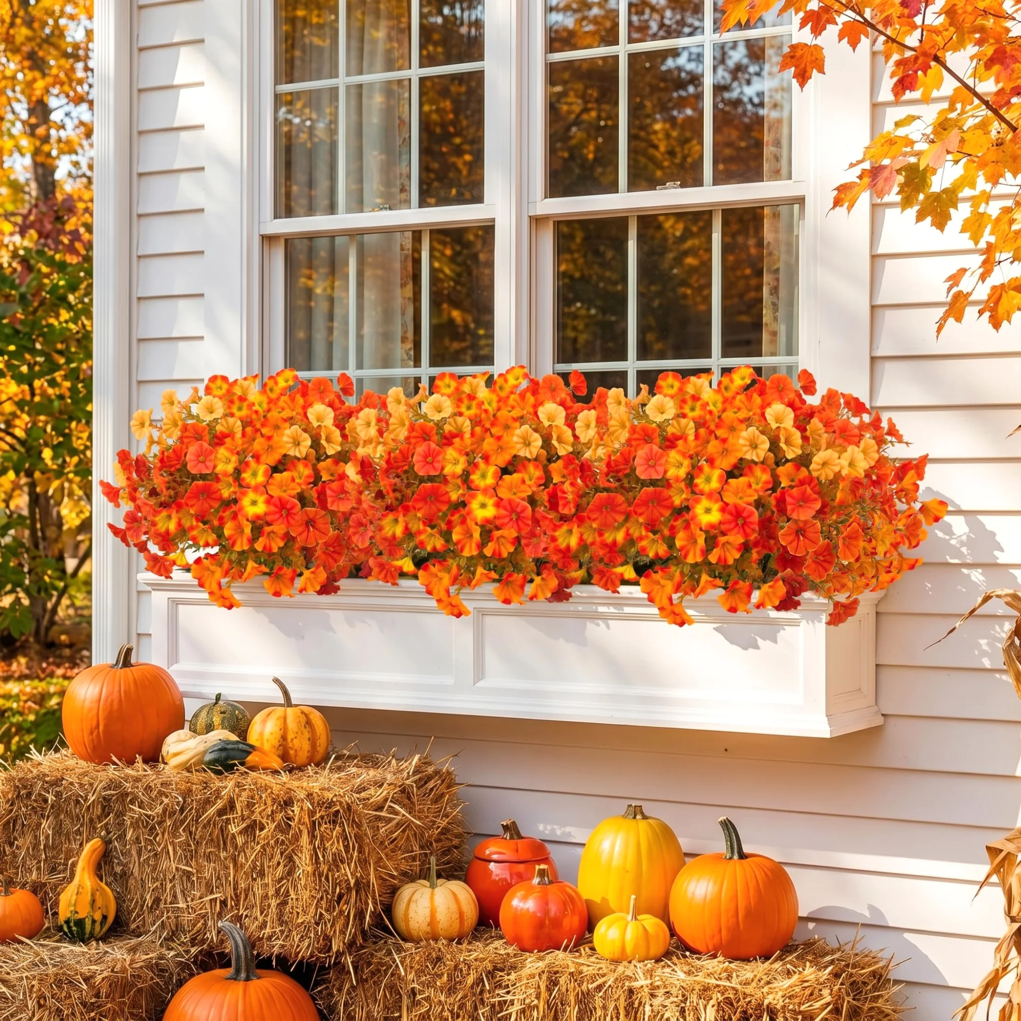 Orange and yellow morning glory in a window box, with straw bales and pumpkins below.