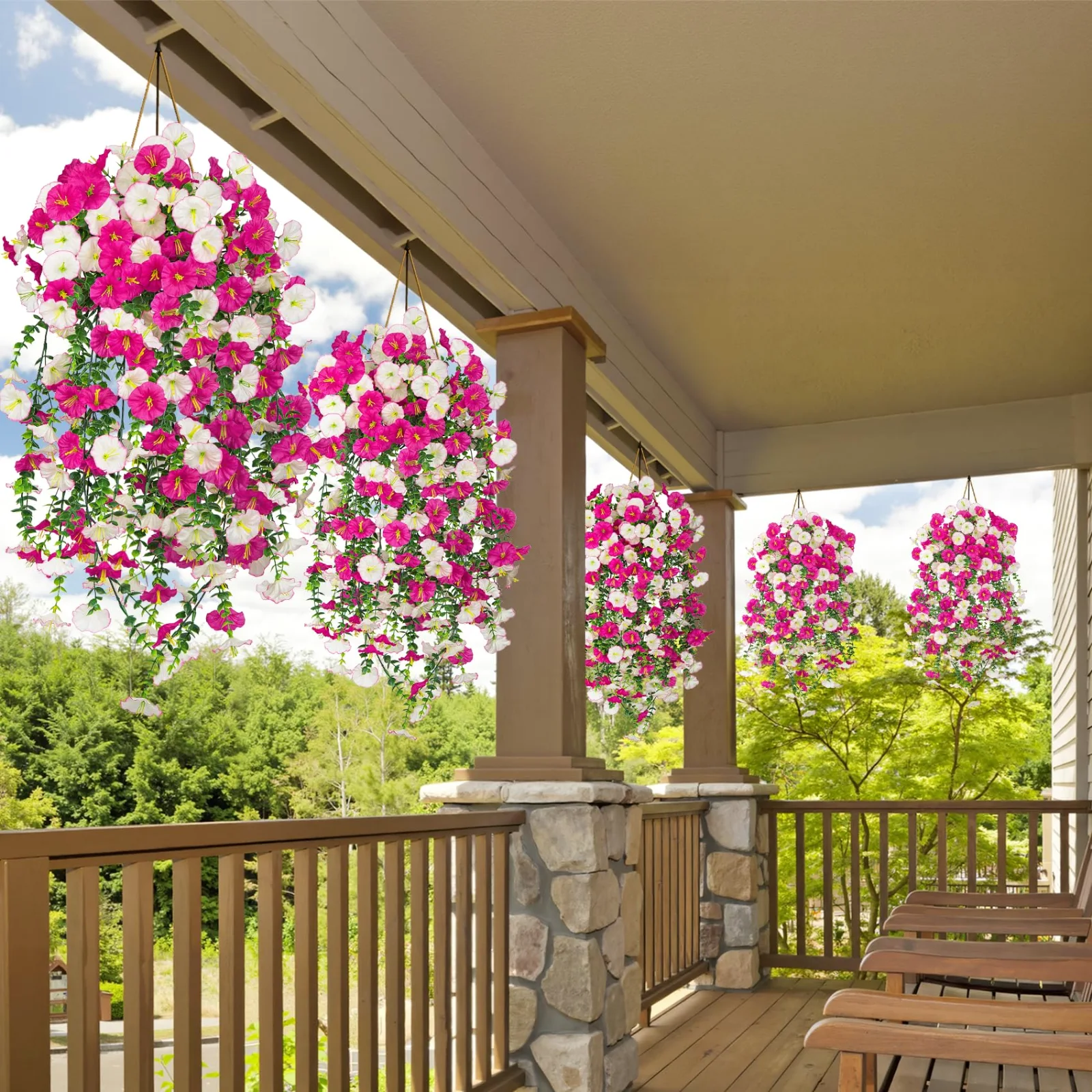 Bassion hanging flowers on a porch