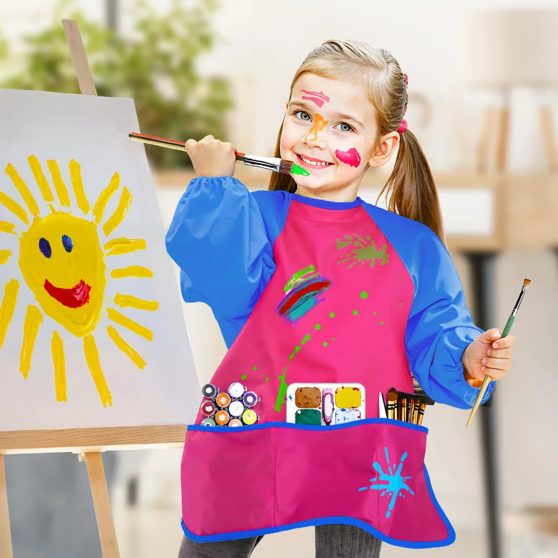 Bassion Kids art smocks in Blue Pink Yellow, 2-pack, view 2