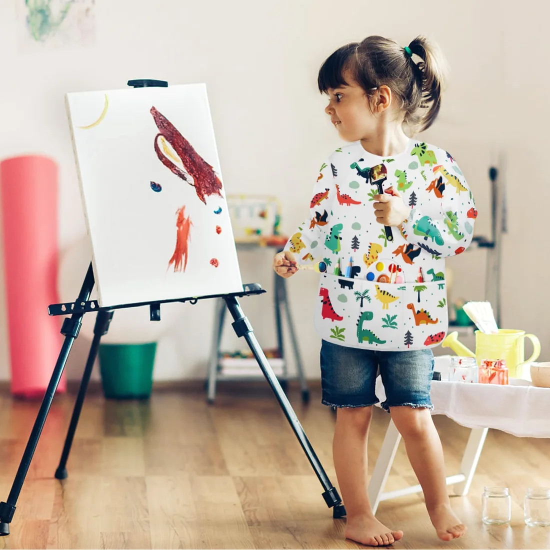 Bassion Kids art smocks in Dinosaur White, view 2