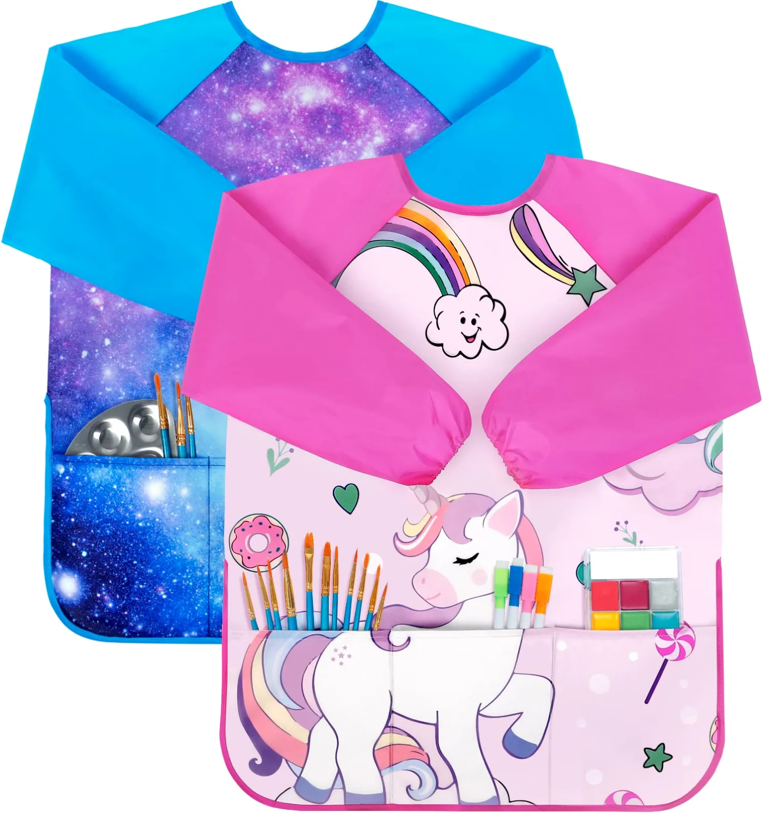 Bassion Kids art smocks in Multicolor Blue Pink, 2-pack