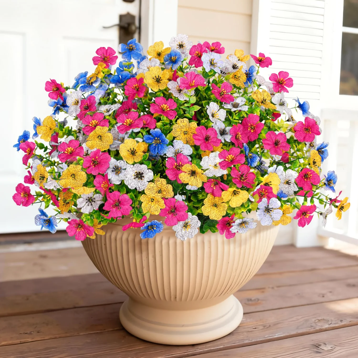 Bassion Outdoor flower bundles, 16 pack in Fuchsia Blue Yellow White