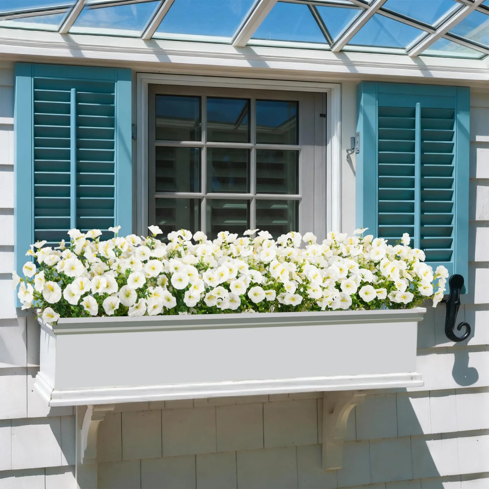 White bundles in a box under blue shutters: the front row is bent over the rim so the box edge nearly disappears.