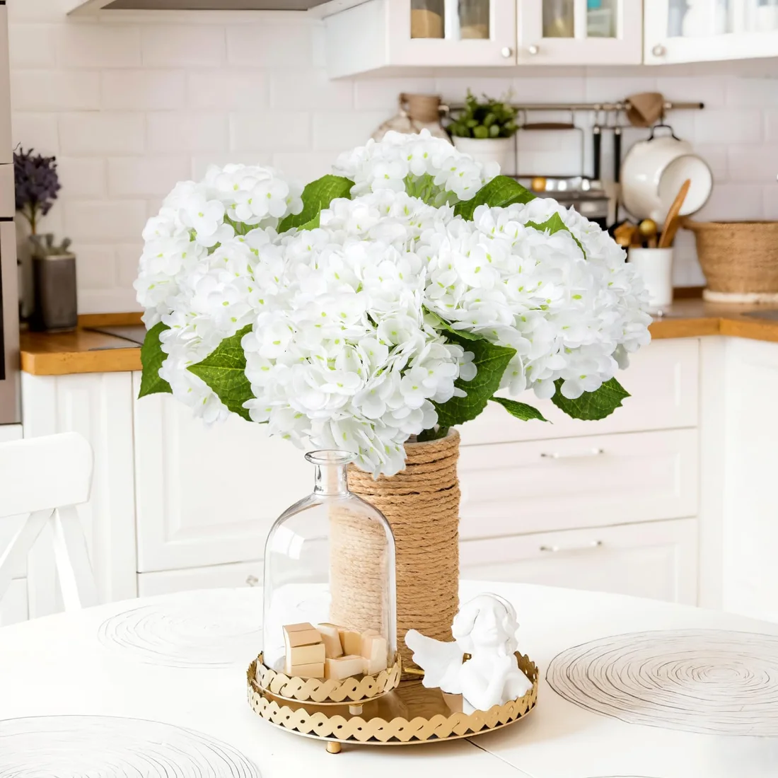 Bassion Real-touch hydrangeas, 4 stems in White, view 3