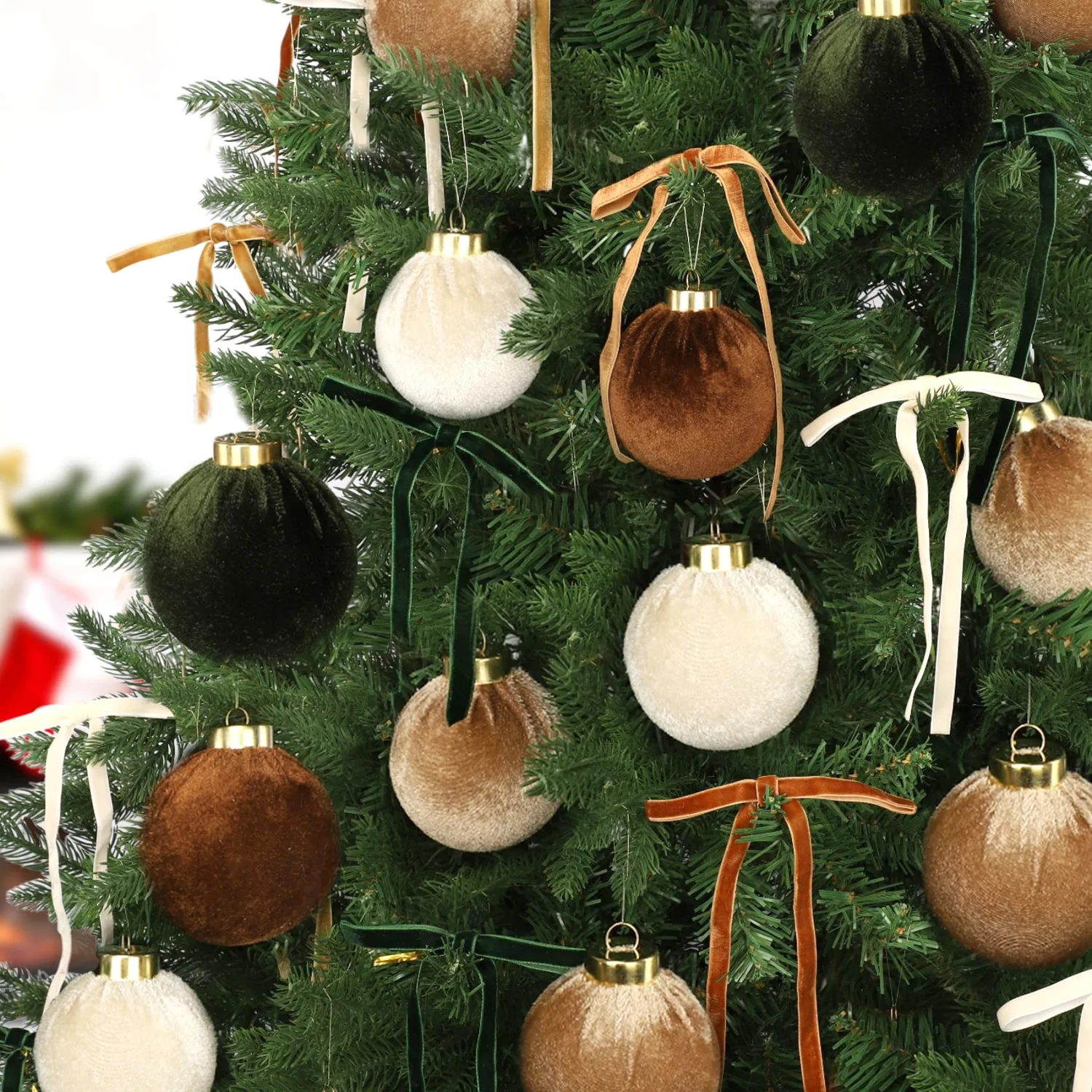 Bassion Velvet Christmas ornaments, 36 pieces in Brown and Green
